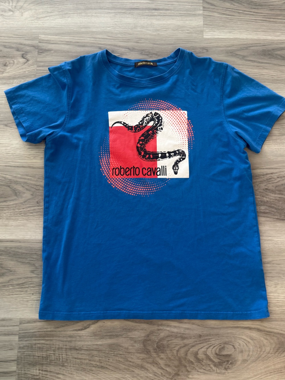 Roberto Cavalli Bright Blue Tee with Red Square & Black Snake